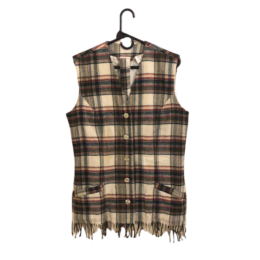 Limited Edition Units Plaid Sleeveless Belted Wool-Blend Button Down Cardigan